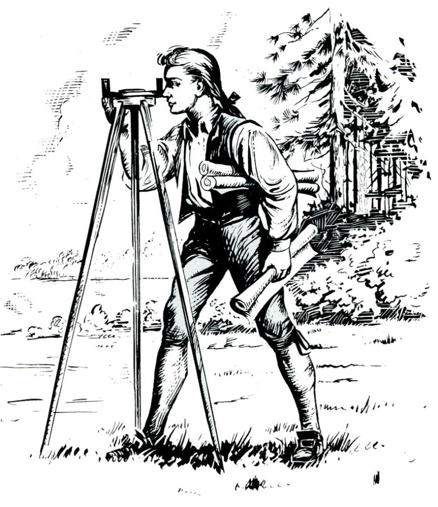 Historical illustration of a young George Washington, a land surveyor, using surveying equipment in a rural landscape.