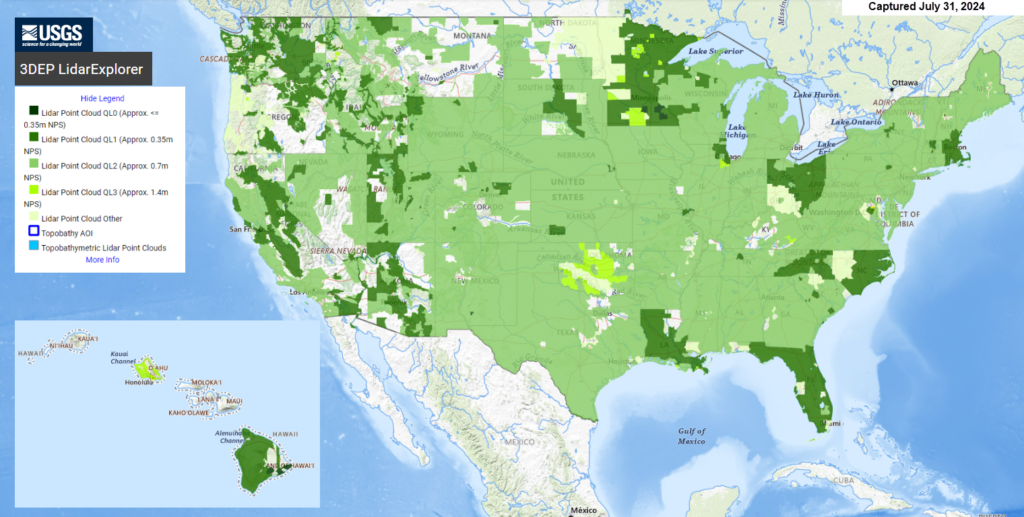 USGS LiDAR Availability Map as of July 2024