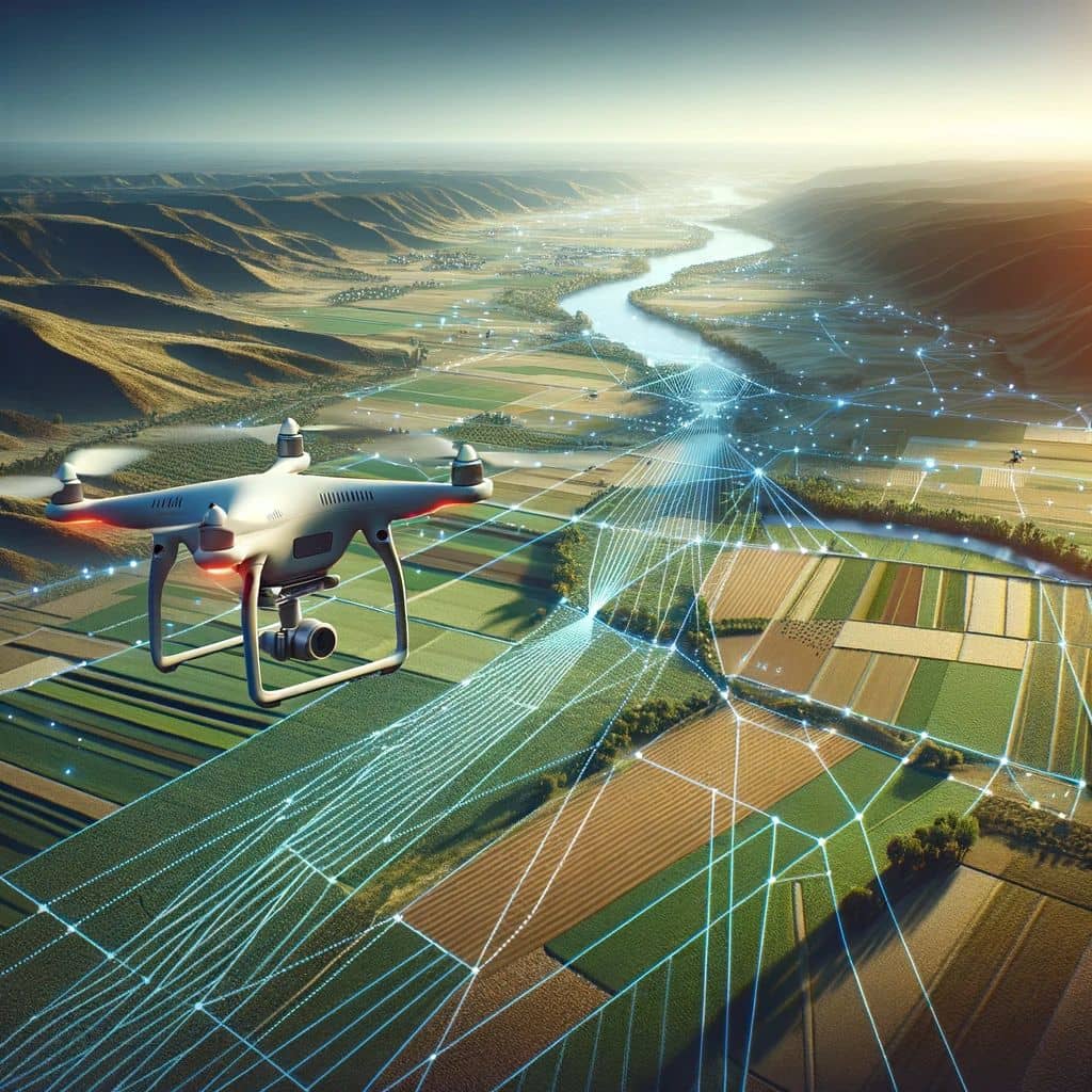 DALLE-2024-02-26-175622-Image-showing-a-drone-surveying-a-landscape-focusing-on-the-flight-path-it-takes-over-varied-terrain | ALTA Land Survey image showcasing a drone surveying a landscape, focusing on its flight path over the varied terrain below. This illustrates the precision and strategic planning involved in drone surveying, highlighting the drone's ability to efficiently navigate and collect data over diverse environments.