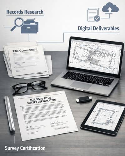 Illustration showing records research, survey certification, and digital deliverables used during the ALTA survey documentation process