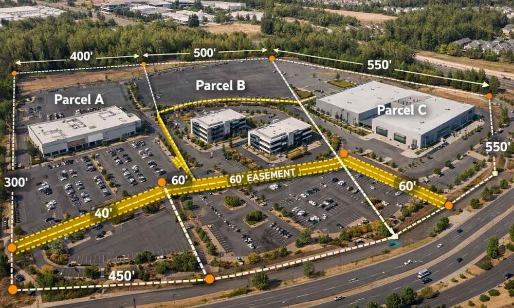 Alta survey multi parcel property | ALTA Land Survey Aerial view of a commercial property showing multiple parcels and a shared easement