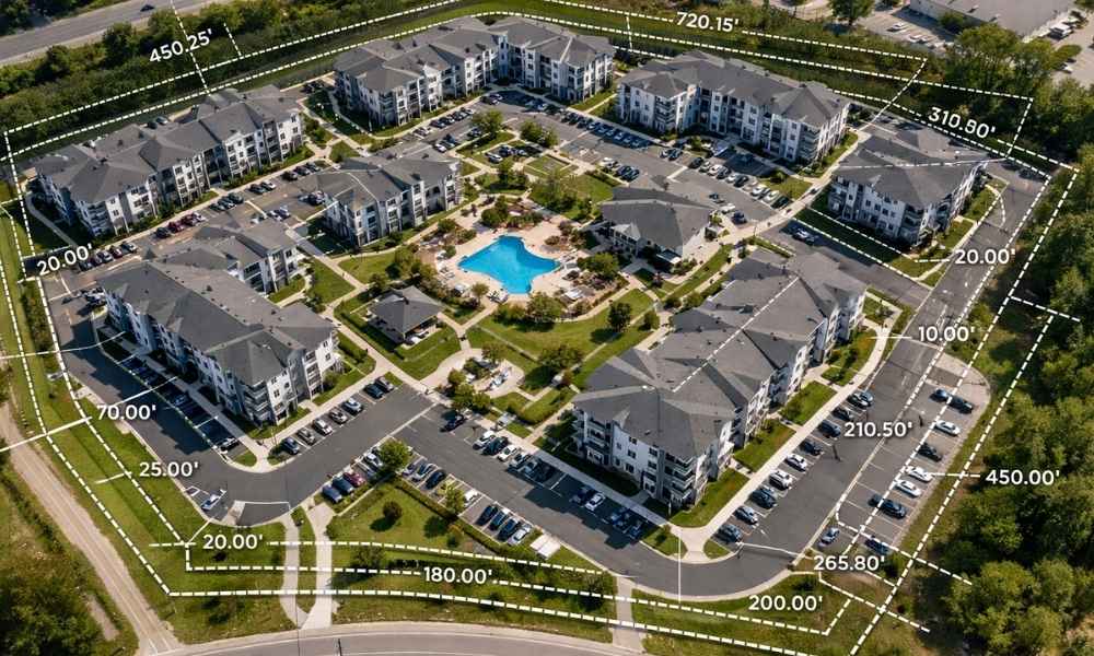 Alta survey apartment complex boundaries | ALTA Land Survey Aerial view of an apartment complex with property boundary lines and survey measurements used during an ALTA survey