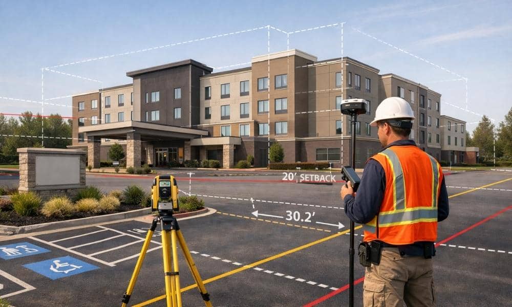 Alta survey for hotel transactions | ALTA Land Survey Surveyor performing an ALTA survey at a hotel property with parking areas, property boundaries, and setback measurements