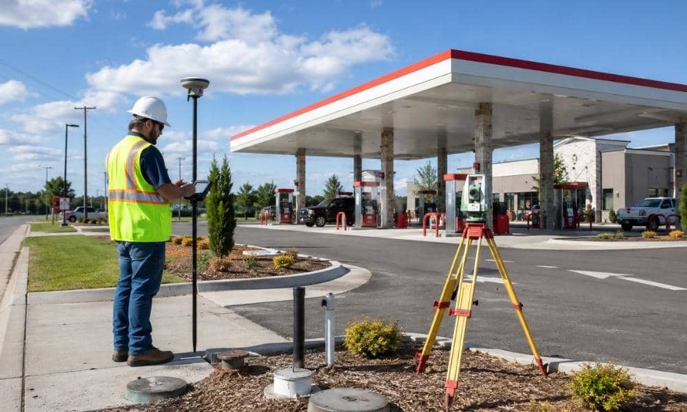 Alta survey gas station property | ALTA Land Survey Land surveyor performing an ALTA survey at a gas station property with fuel pumps, canopy, and driveway access visible