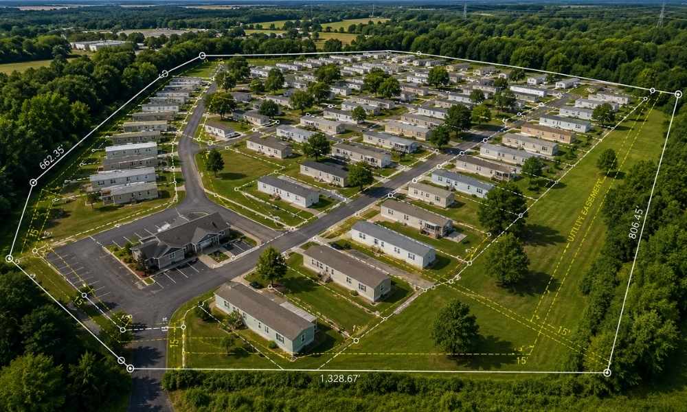Alta survey mobile home park aerial view | ALTA Land Survey Aerial view of a mobile home park with property boundaries, lot layouts, and survey markings illustrating why an ALTA survey is important for commercial real estate transactions