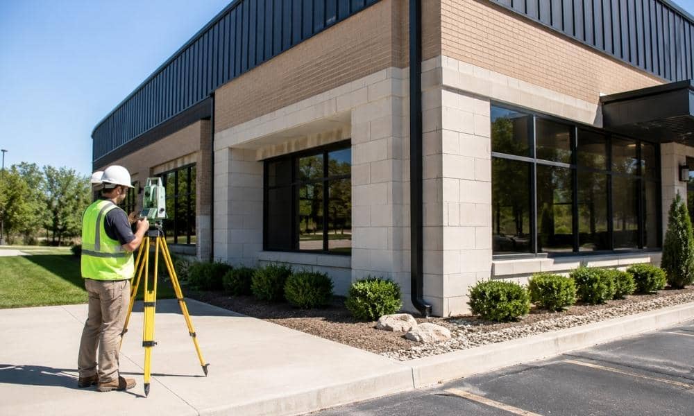 Alta item 7a building survey | ALTA Land Survey Land surveyor measuring exterior building dimensions for ALTA Table A Item 7(a)