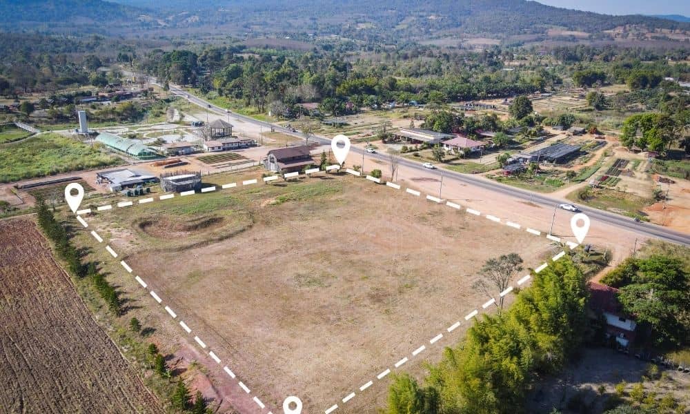 Alta survey property boundaries | ALTA Land Survey Aerial view of a property with marked boundaries for an ALTA survey