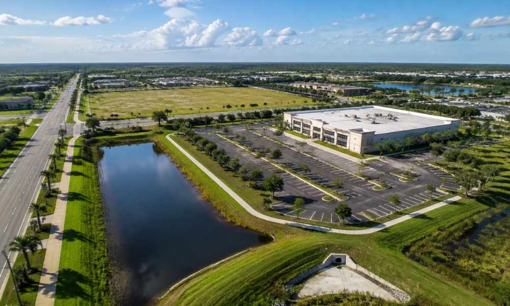 Florida commercial alta survey flood prone property | ALTA Land Survey Aerial view of Florida commercial property near drainage features for ALTA survey flood due diligence